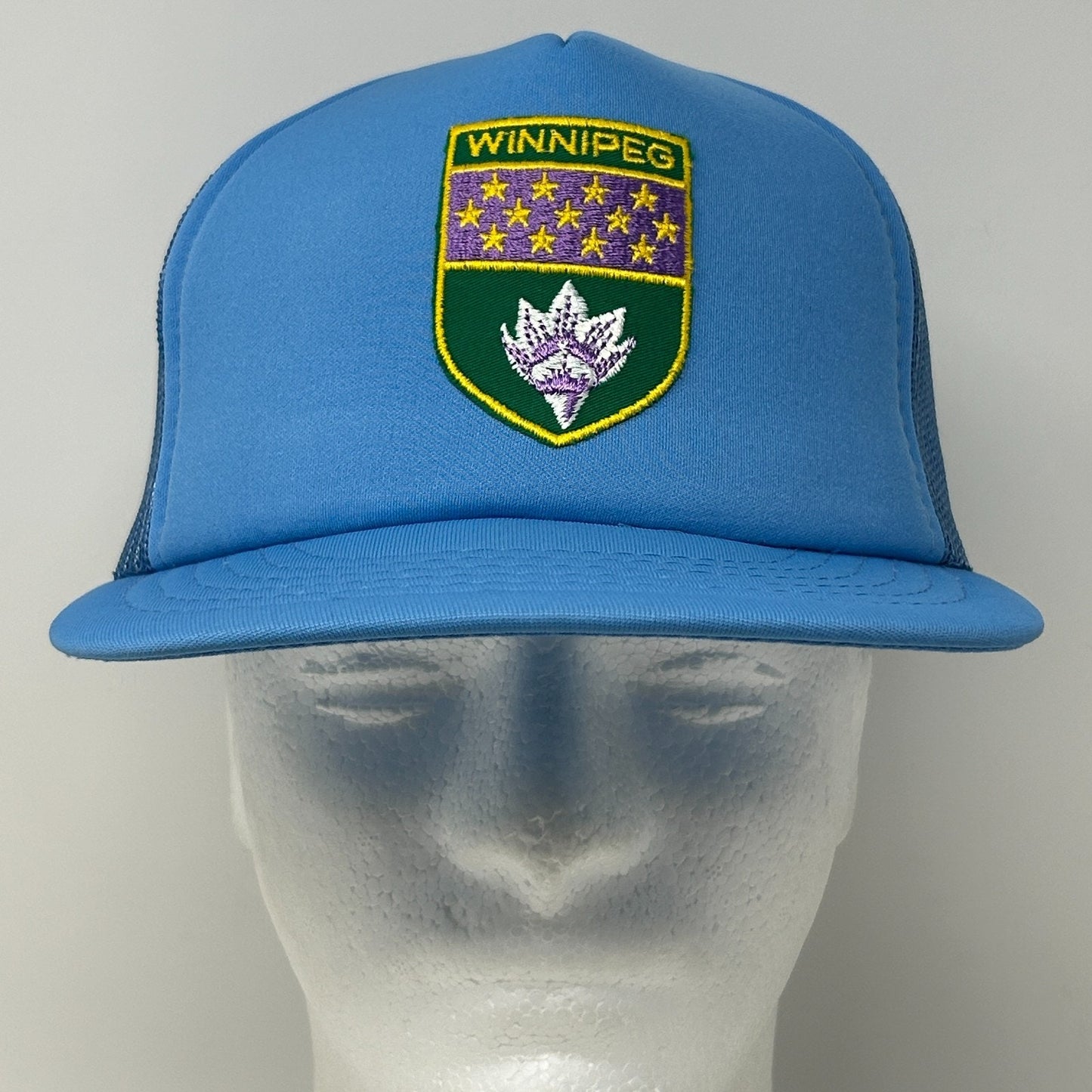 Vintage 80s Winnipeg Canada Trucker Hat Baseball Cap Canadian Blue Mesh Snapback