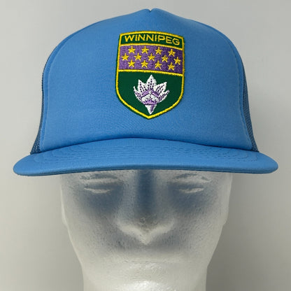 Vintage 80s Winnipeg Canada Trucker Hat Baseball Cap Canadian Blue Mesh Snapback