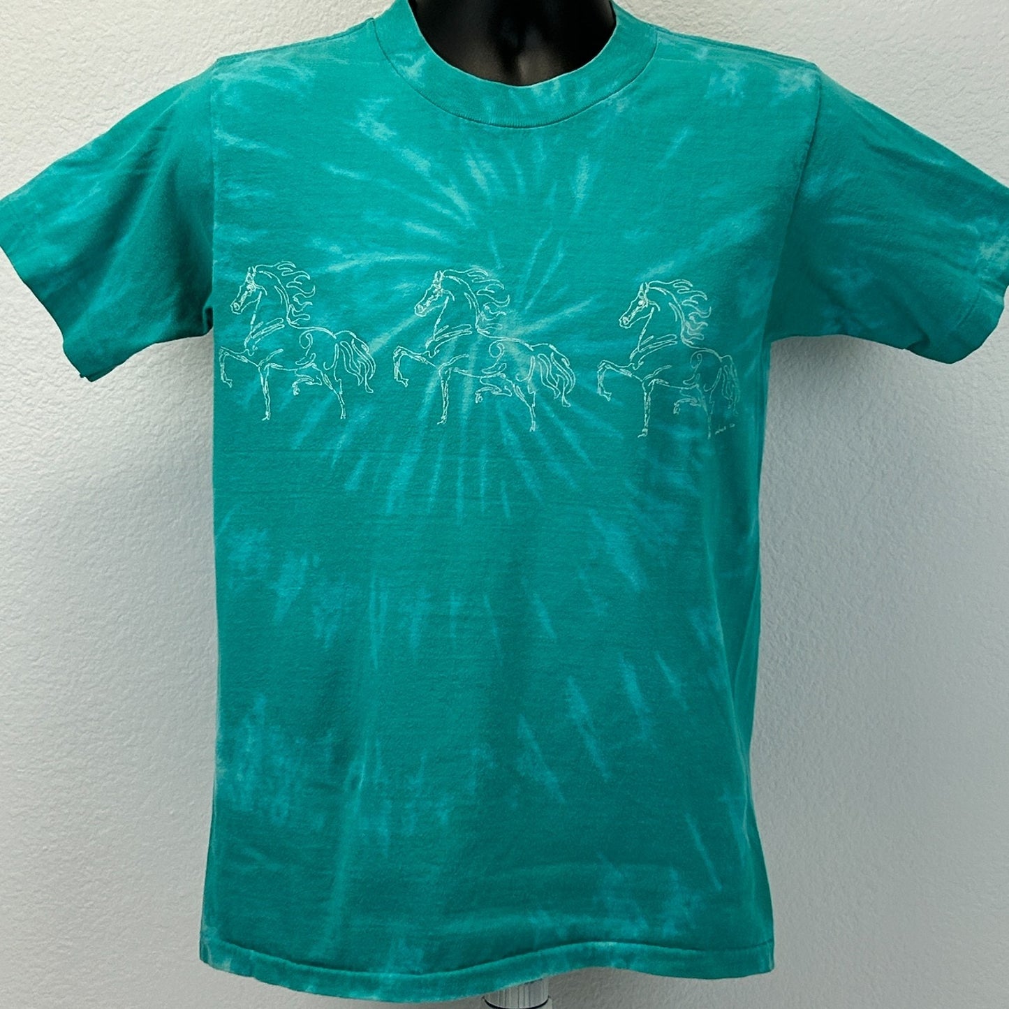 Vintage 80s Horse Equestrian T Shirt Dressage Made In USA Tie Dye Green S Small