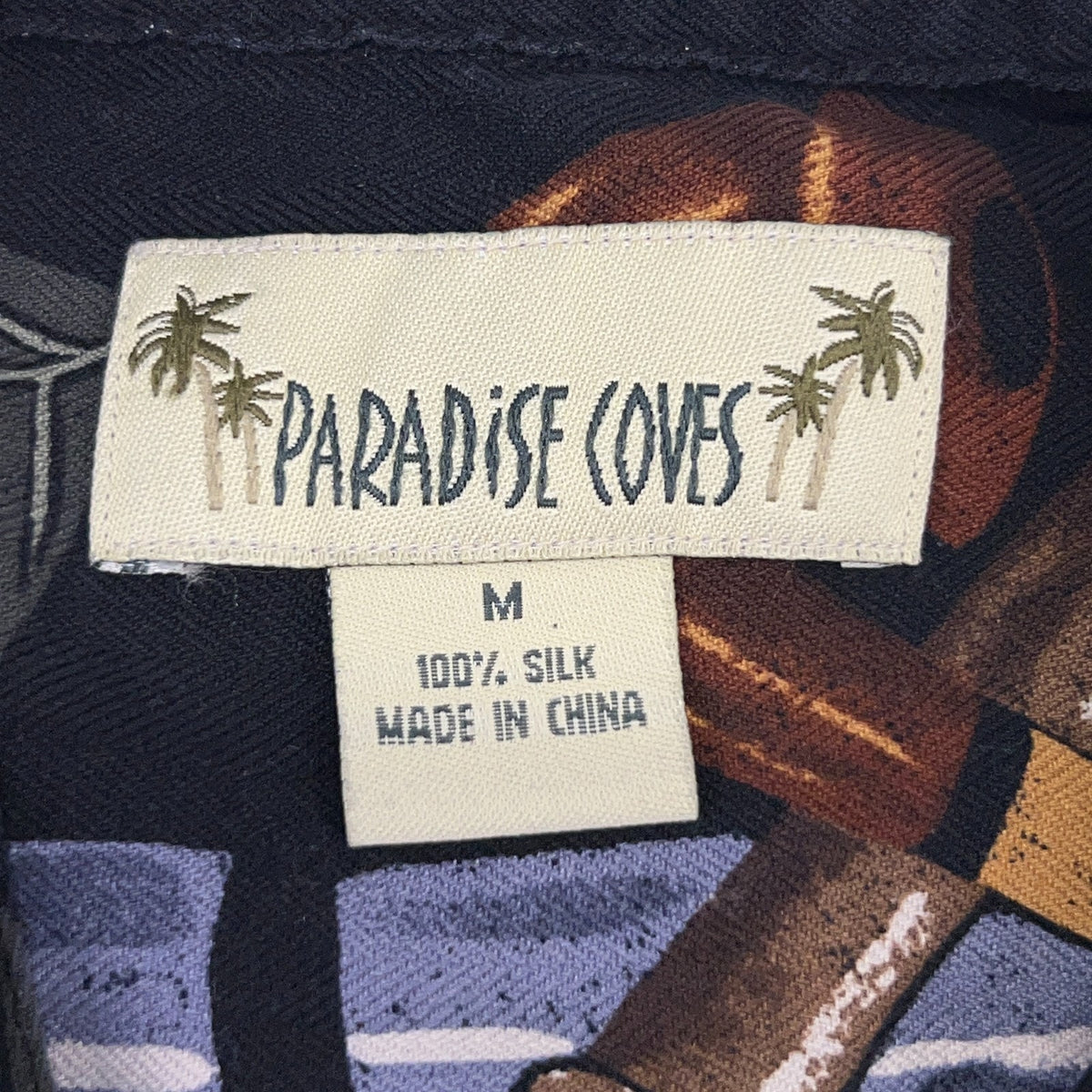 Paradise Coves Cigars Silk Hawaiian Camp Shirt Mens M Medium Black Button Front
