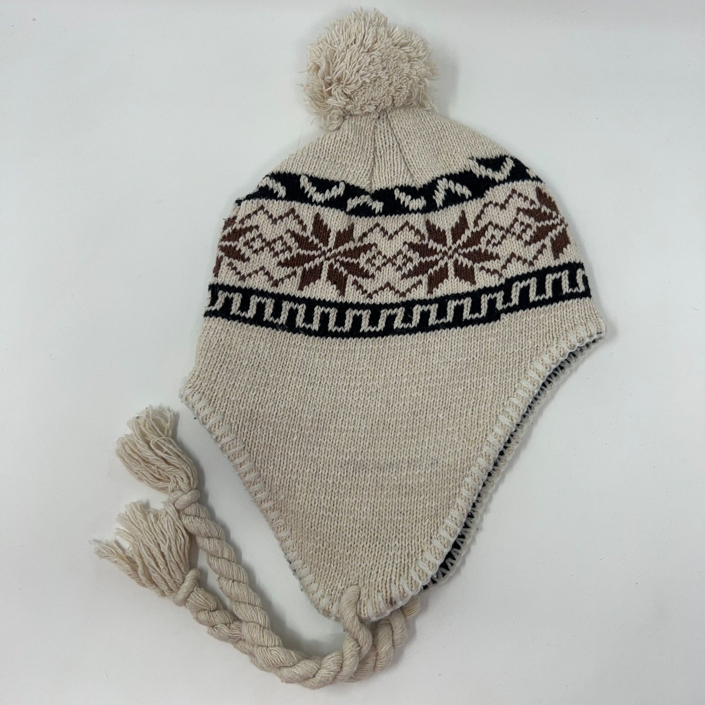 Beige Brown Ear Flap Winter Hat Beanie One Size Knit Pom Tassel Fleece Lined