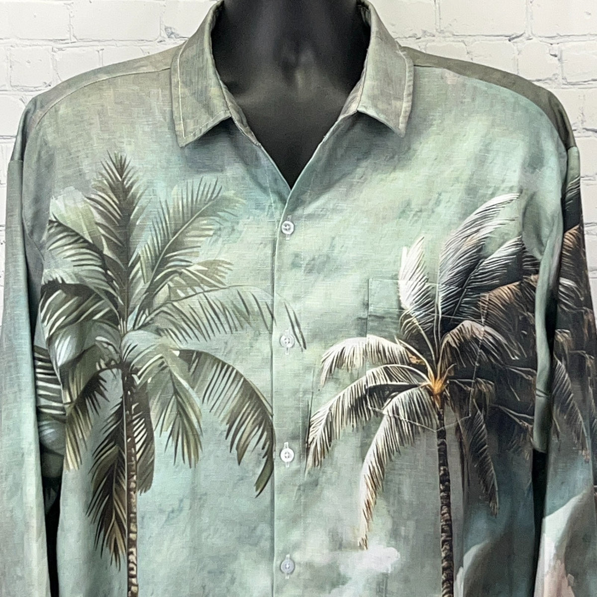 Hardaddy Hawaiian Shirt XL X-Large Green Palm Tree Beach Long Sleeve Button Down