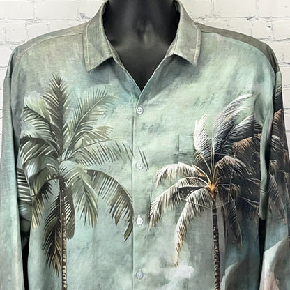 Hardaddy Hawaiian Shirt XL X-Large Green Palm Tree Beach Long Sleeve Button Down