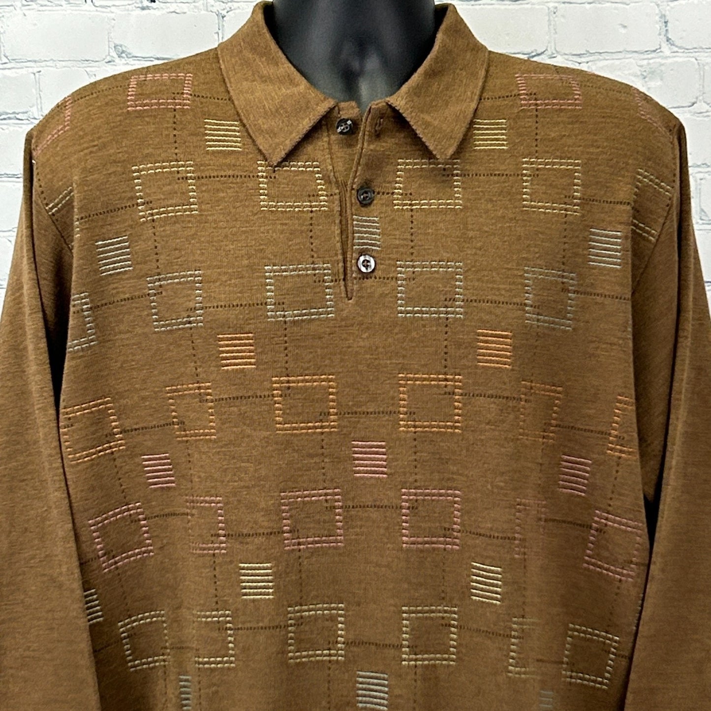 Vintage 90s St Croix Shop Wool Blend Polo Sweater Geometric Brown Mens L Large