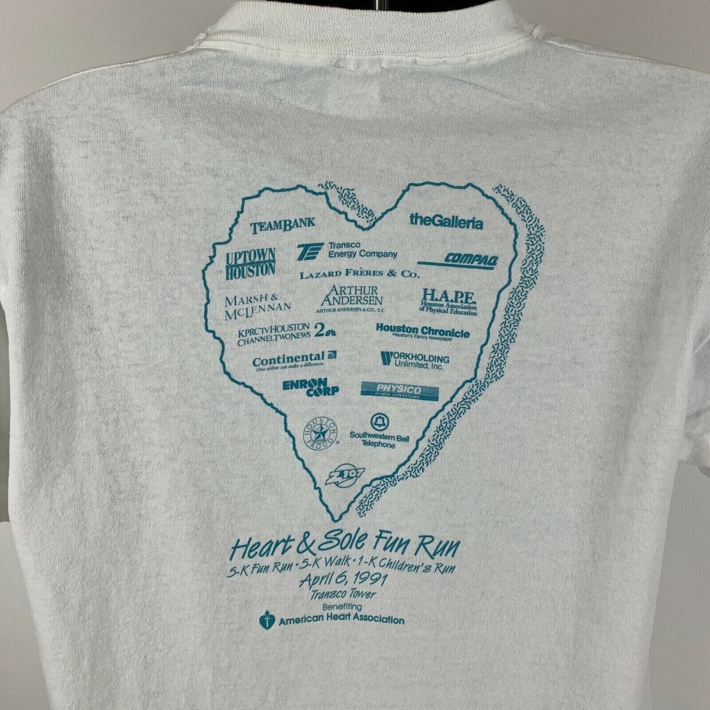 Camiseta Fun Run Vintage de los años 90 de Heart &amp; Sole, talla grande, para hombre, para correr en Houston, Texas, color blanco