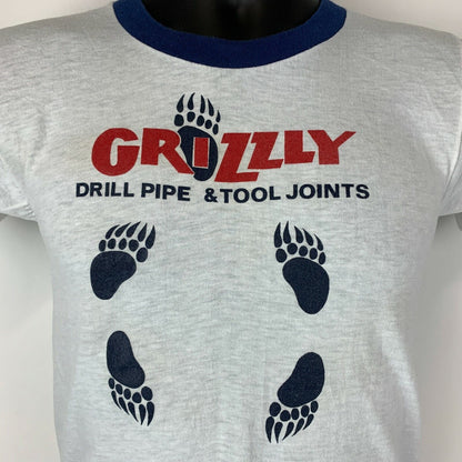 Grizzly Tools Vintage 80s Ringer T Shirt XS Oilfield Drill Pipe Bear Tee