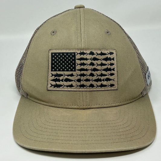 Columbia PFG Trucker Hat Cap FlexFit S/M Fishing Fisherman American Flag Beige - Neon Vintage