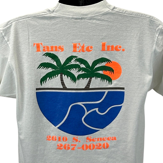 Vintage 90s Tans Etc Inc T Shirt Tanning Made in USA White Graphic Tee L Large