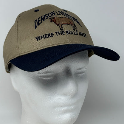 Vintage 90s Denison Livestock Auction Hat Baseball Cap Iowa Bulls Snapback Beige