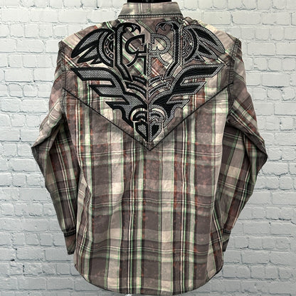 Roar x Buckle Button Front Shirt Cross Wings Long Sleeve Plaid Beige L Large