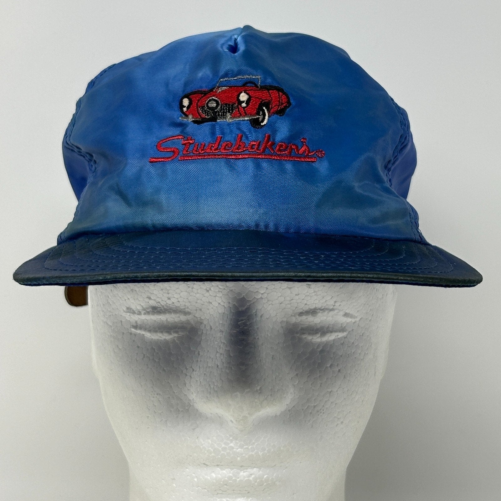Vintage 80s Studebaker's Nightclub Hat Baseball Cap Satin Leather Strapback Blue - Neon Vintage