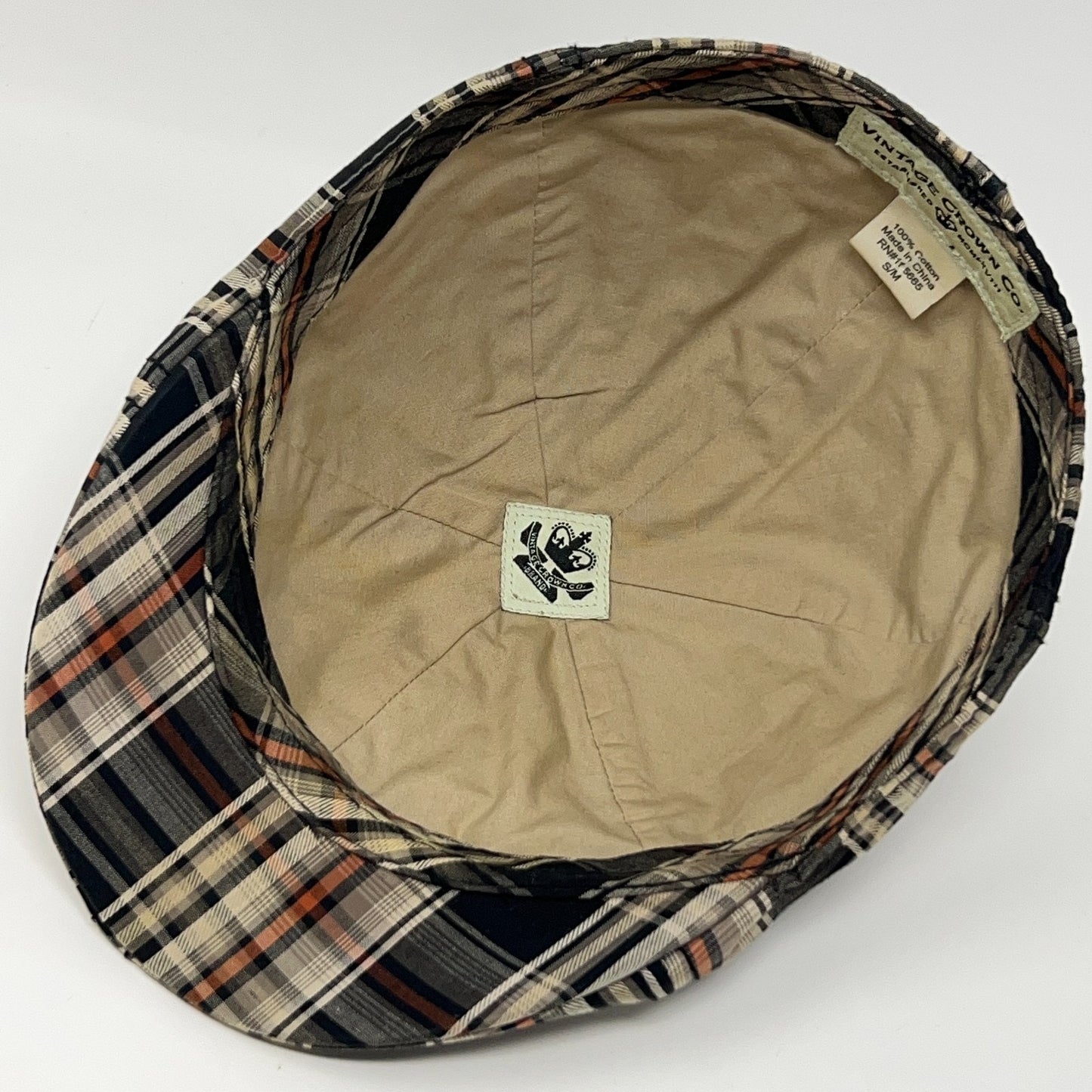 Vintage Crown Co Plaid Flat Cap Hat Ivy Newsboy Cabbie Driving Scally Beige S-M