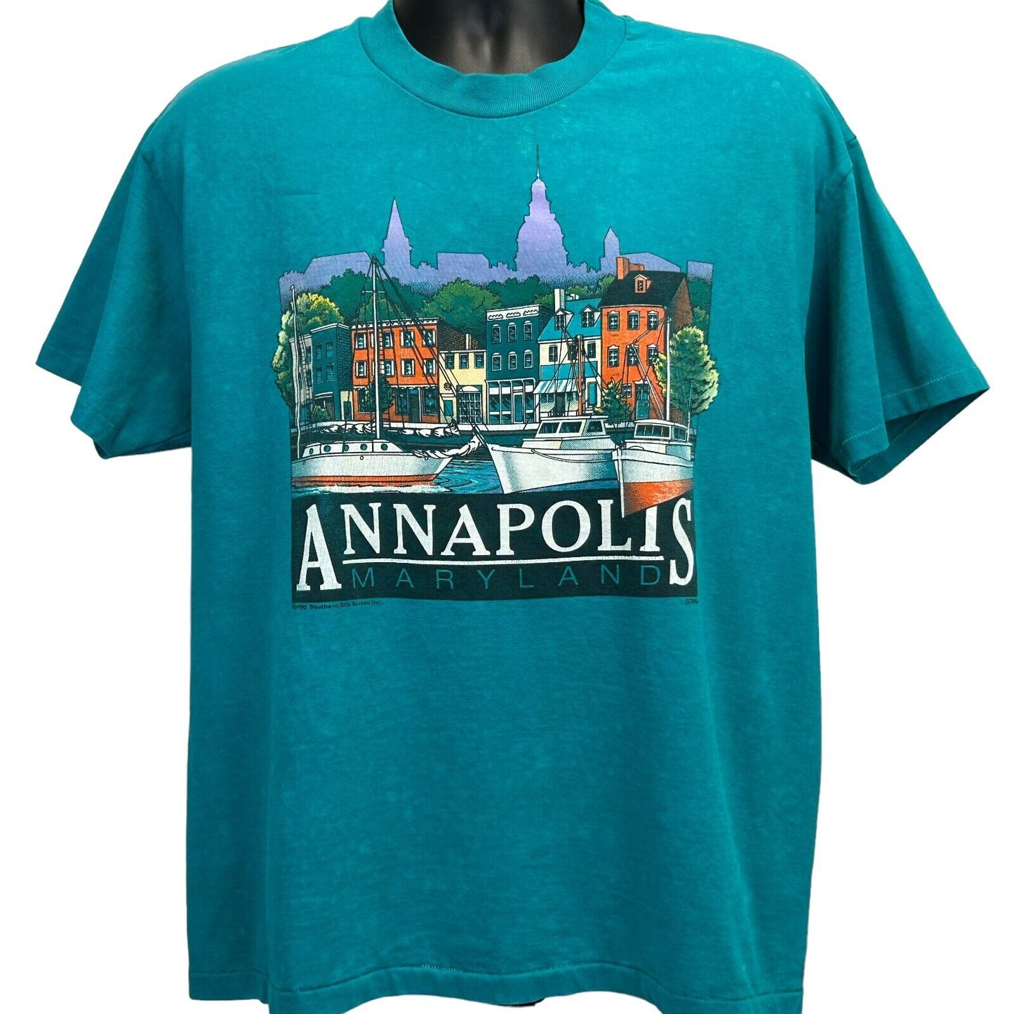 Camiseta de Annapolis Maryland, grande, vintage, años 90, con barcos, vela, náutica, para hombre, verde