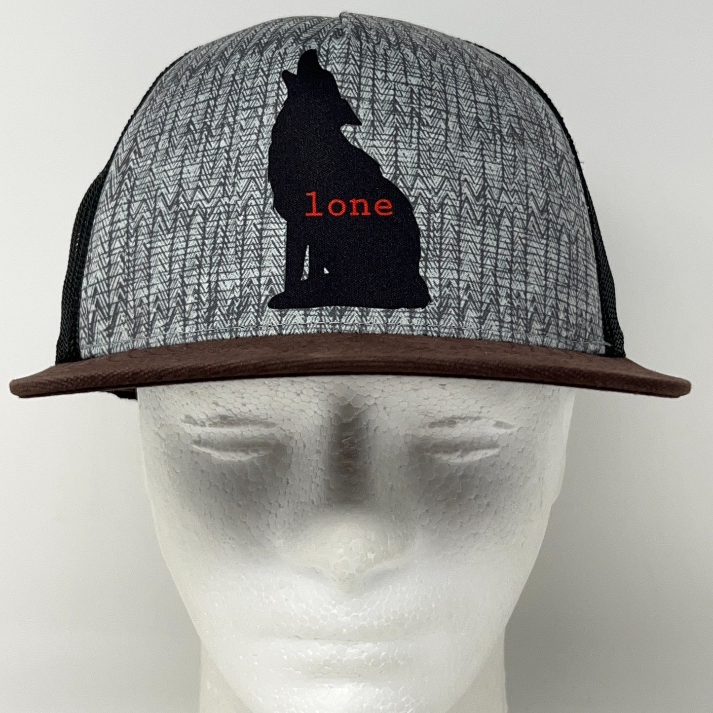 Lone Wolf Trucker Hat Baseball Cap Prana 5 Panel A-Frame Mesh Snapback Gray