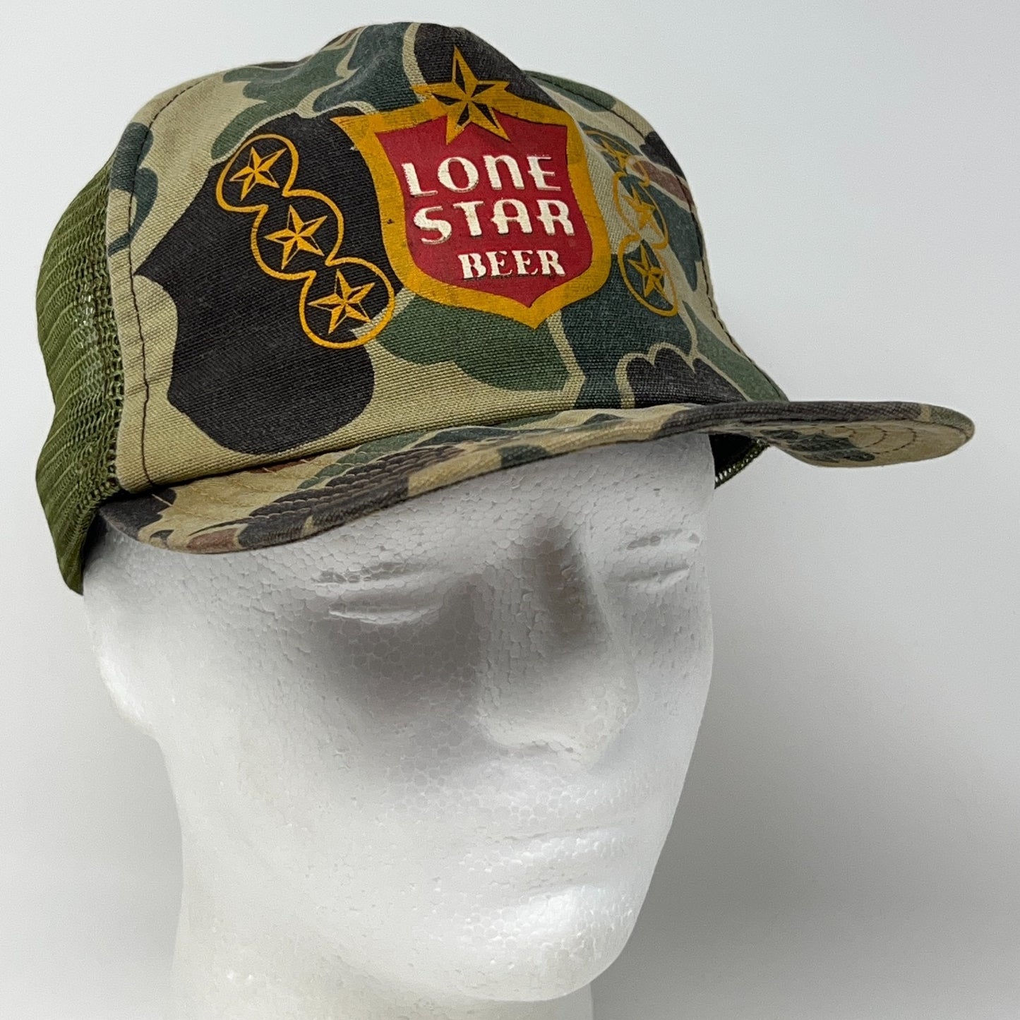 Vintage 80s Lone Star Beer Trucker Hat Baseball Cap Camouflage Snapback Green