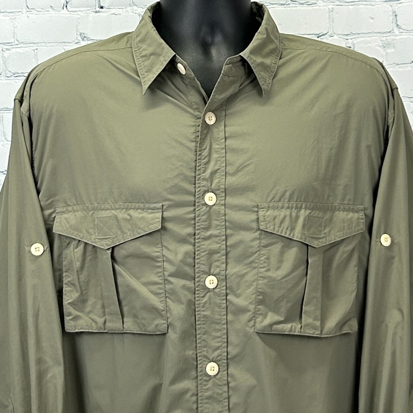 Orvis Button Front Shirt Long Fishing Roll Tab Sleeves Vented Green Mens L Large