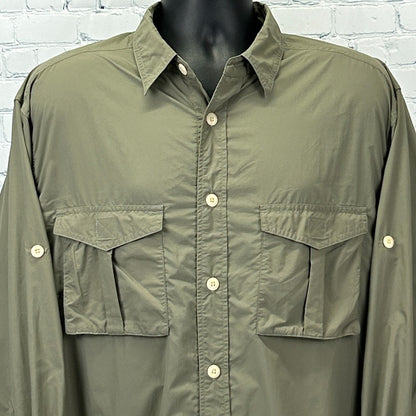 Orvis Button Front Shirt Long Fishing Roll Tab Sleeves Vented Green Mens L Large
