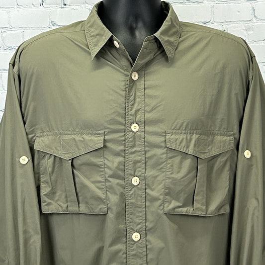Orvis Button Front Shirt Long Fishing Roll Tab Sleeves Vented Green Mens L Large