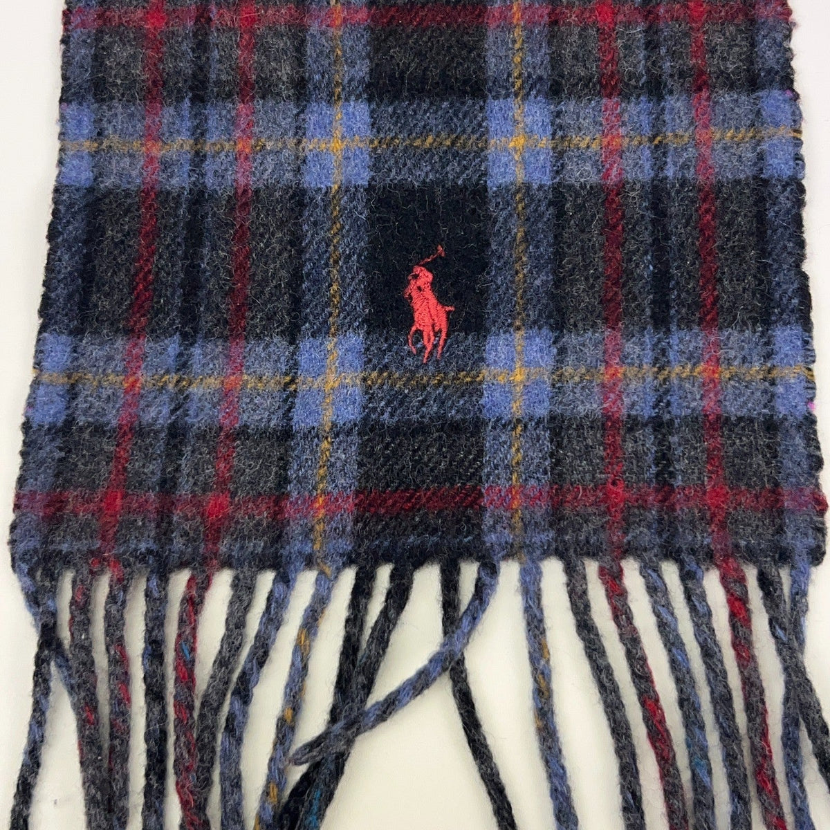 Polo Ralph Lauren Reversible Wool Scarf Gray Blue Red Plaid Pony Italy Made 8x64