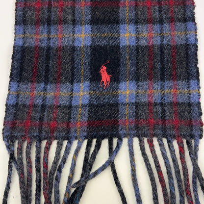 Polo Ralph Lauren Reversible Wool Scarf Gray Blue Red Plaid Pony Italy Made 8x64