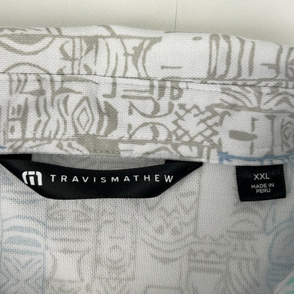 Travis Mathew Tiki Polo Shirt Mens XXL 2XL White Golfer Hawaiian Short Sleeve