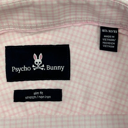 Camisa de vestir con botones al frente de Psycho Bunny, talla grande 16 1/2 32-33, a cuadros, para hombre, color rosa