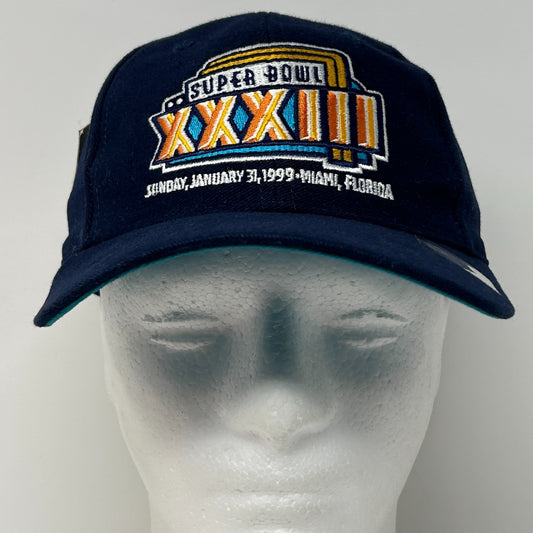 Vintage 90s Super Bowl XXXIII Hat Cap Blue Denver Broncos Miami Logo 7 Snapback