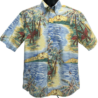 Camisa hawaiana vintage Y2K de Tommy Hilfiger con botones en la parte delantera, talla mediana, años 2000, para hombre, azul