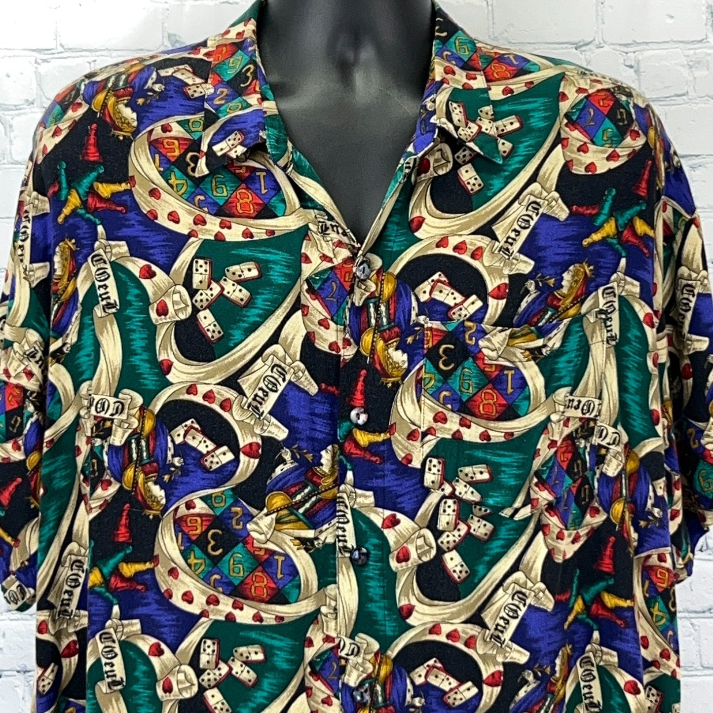 Vintage 90s Coeur Queen of Hearts Dominos Button Front Shirt Beige USA Mens 1XB