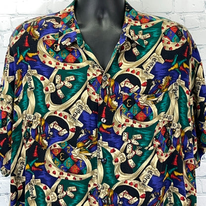 Vintage 90s Coeur Queen of Hearts Dominos Button Front Shirt Beige USA Mens 1XB