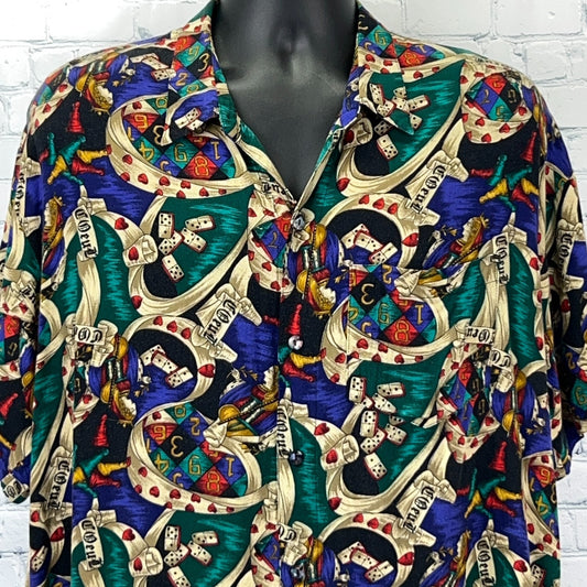Vintage 90s Coeur Queen of Hearts Dominos Button Front Shirt Beige USA Mens 1XB