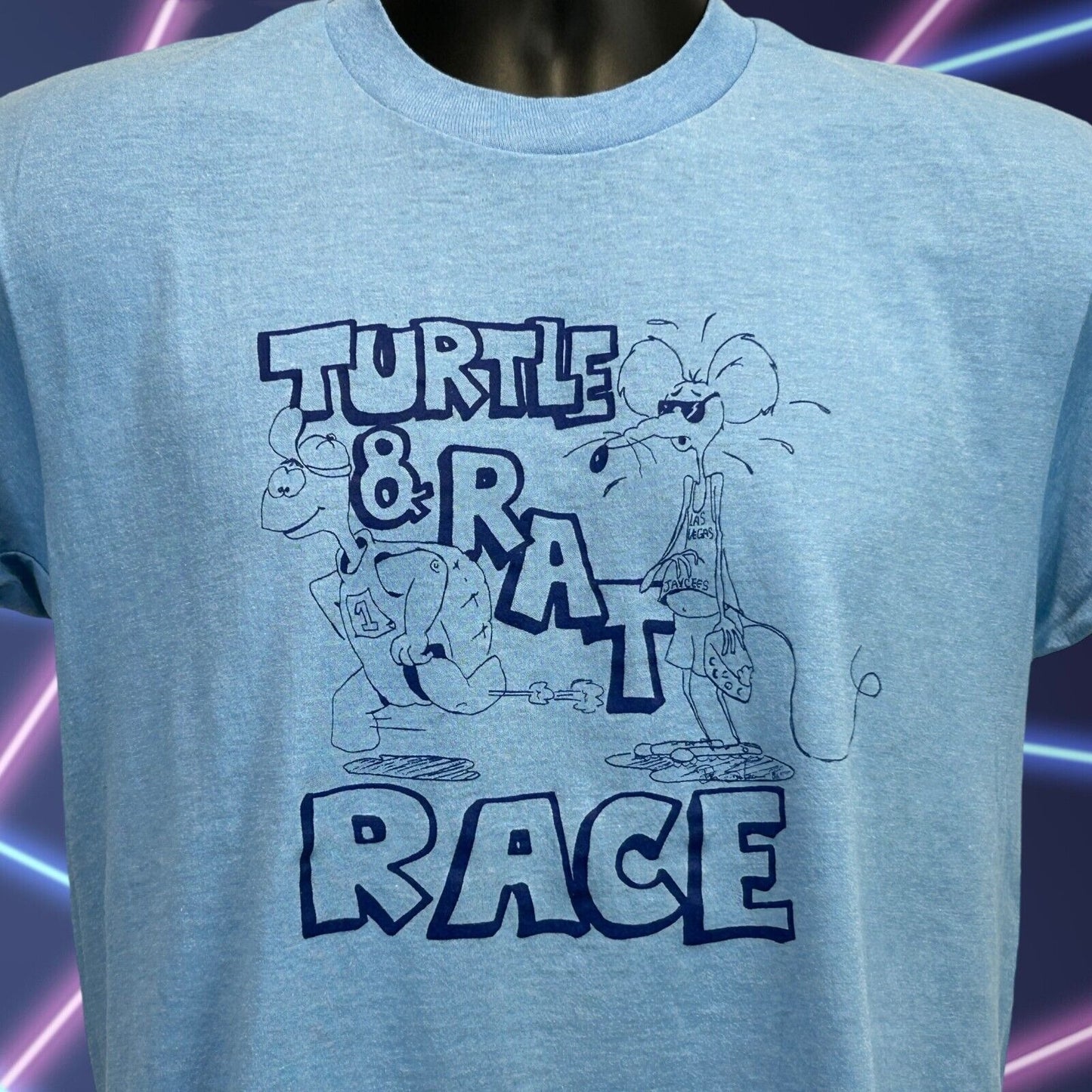 Camiseta vintage Las Vegas Jaycees Turtle &amp; Rat Race para hombre, talla mediana, años 80, color azul corredor