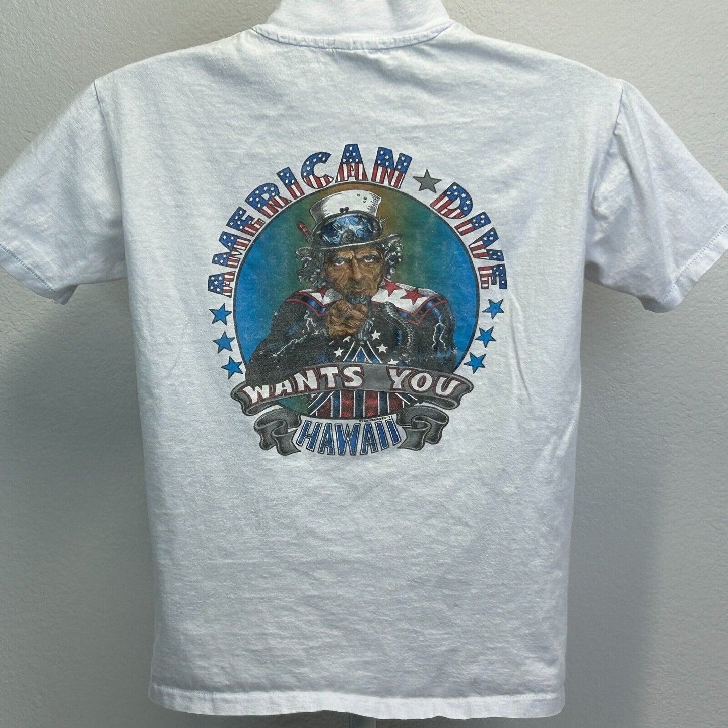 Camiseta vintage americana de buceo Oahu Hawaii para hombre, talla mediana, años 80, buceo, EE. UU., azul