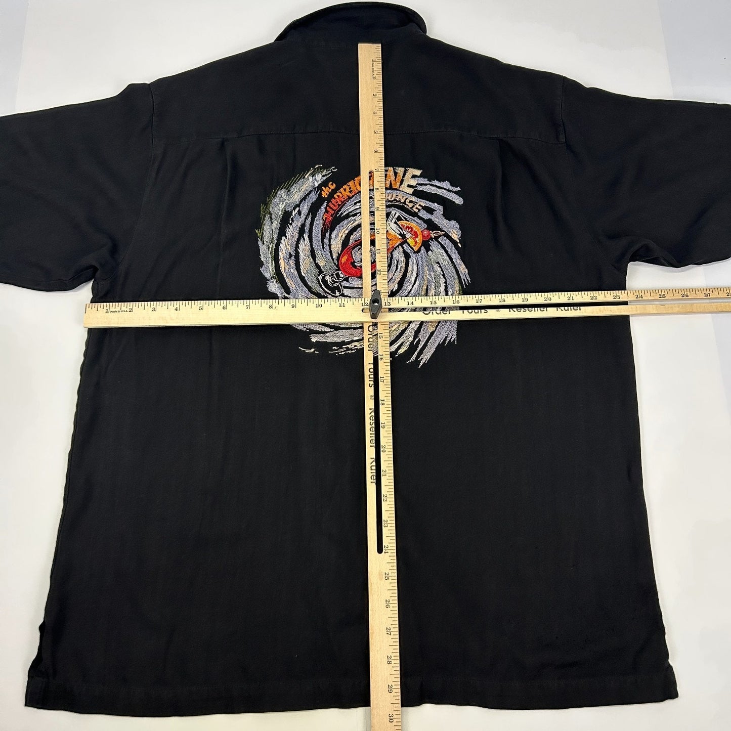 Luau The Hurricane Lounge Hawaiian Camp Shirt Embroidered Silk Black L Large