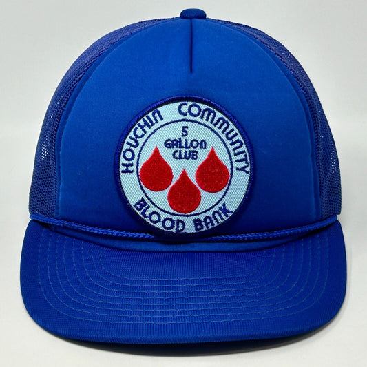 Vintage Houchin Community Blood Bank Trucker Hat Cap Blue 80s Blood Donor - Neon Vintage