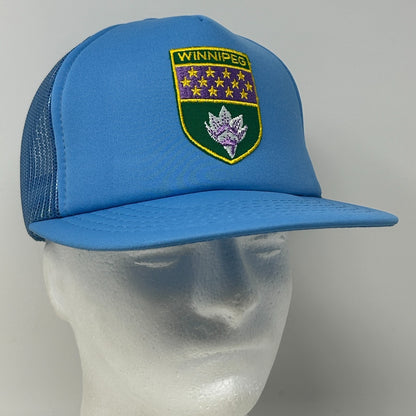 Vintage 80s Winnipeg Canada Trucker Hat Baseball Cap Canadian Blue Mesh Snapback