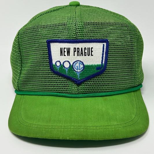 Vintage 80s New Prague Golf Club Trucker Hat Baseball Cap Green Golfer Full Mesh