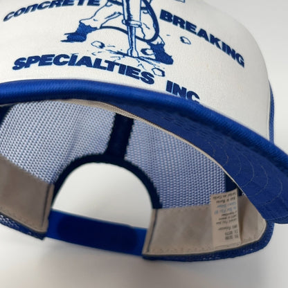 Vintage 80s Concrete Breaking Trucker Hat Baseball Cap Mesh Snapback Blue