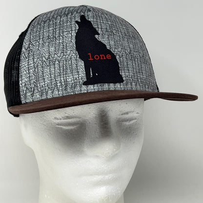 Lone Wolf Trucker Hat Baseball Cap Prana 5 Panel A-Frame Mesh Snapback Gray