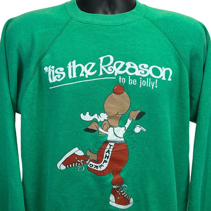 Christmas Reindeer Vintage 80s Sweatshirt Medium TAHPERD Rudolph Mens Green