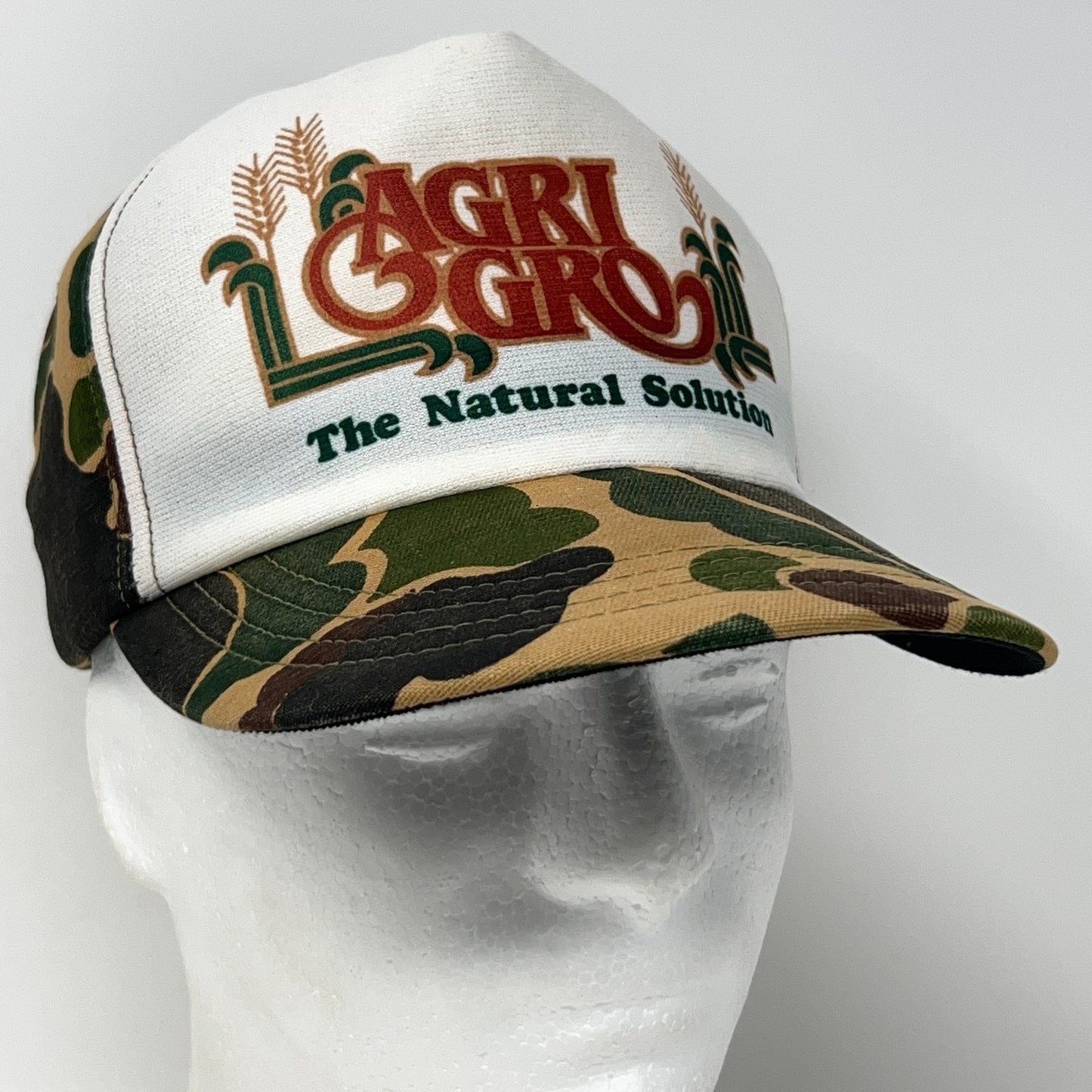 Vintage 80s AgriGro Trucker Hat Baseball Cap Farming Camouflage Snapback Beige