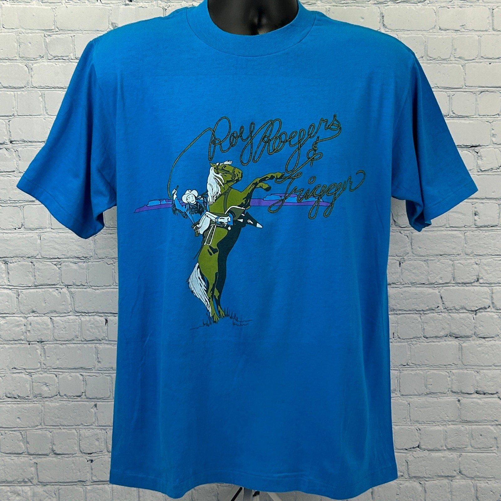 Vintage 80s Roy Rogers and Trigger T Shirt Cowboy Western TV USA Blue L Large - Neon Vintage