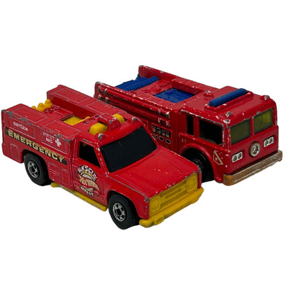 Lot of 2 Emergency Fire Engine Trucks Hot Wheels Diecast Cars Red Vintage 80s