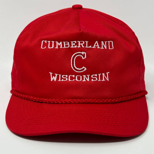 Vintage 90s Cumberland Wisconsin Hat Baseball Cap Red Snapback Rope Corded