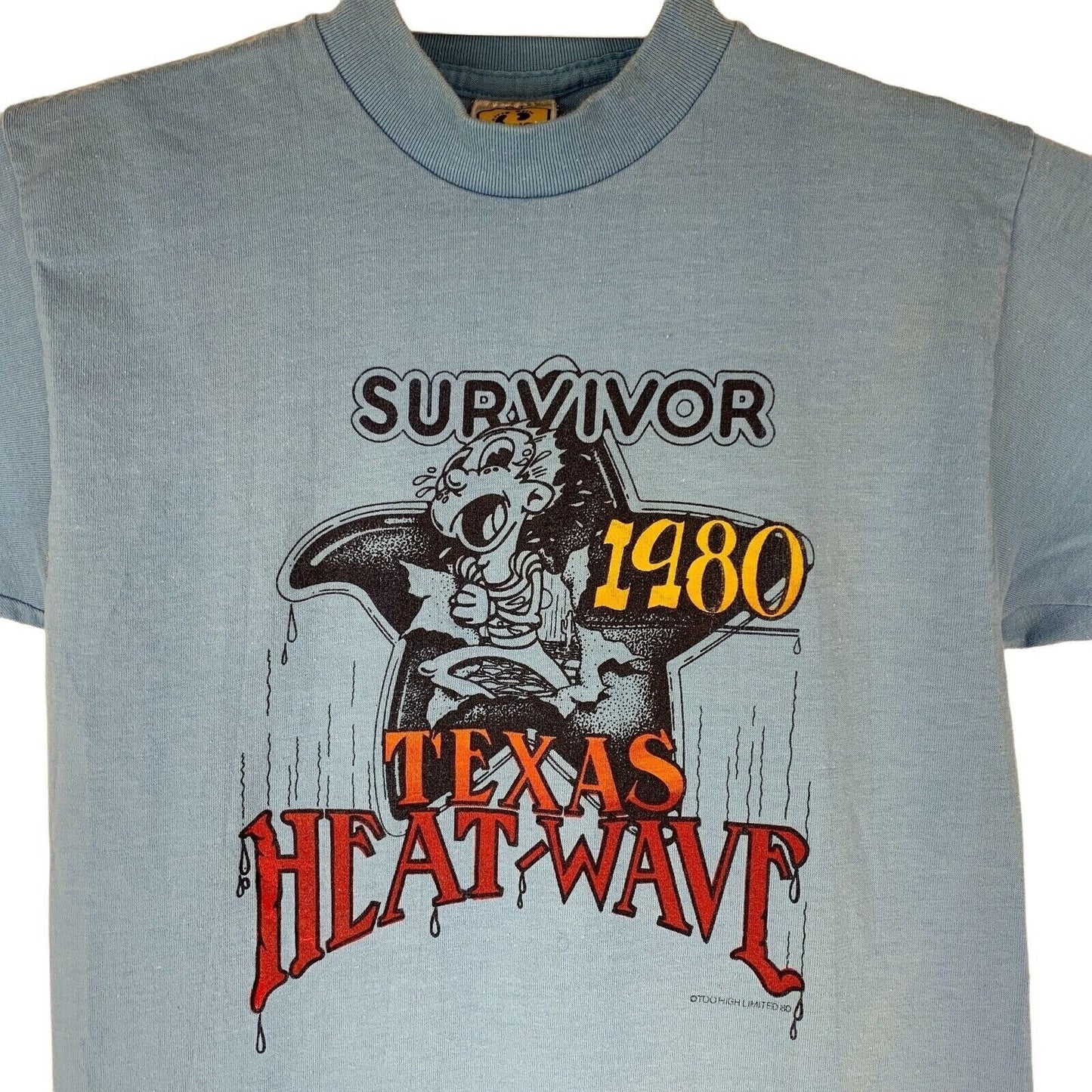 Vintage Survivor Texas Heat Wave T Shirt X-Small 80s 1980 Hot Weather Mens Blue