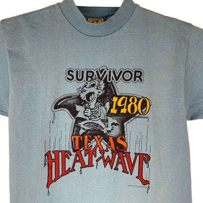 Camiseta vintage Survivor Texas Heat Wave, talla extra pequeña, años 80, clima cálido, para hombre, azul