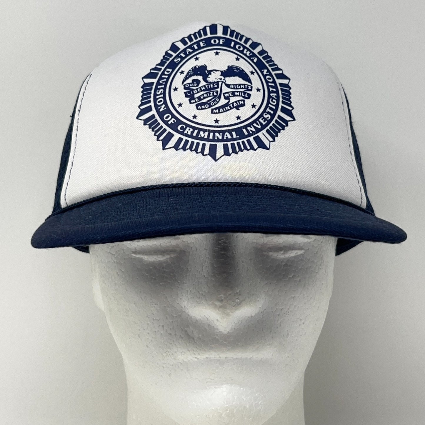 Vintage 80s Iowa Criminal Investigation Trucker Hat Baseball Cap Snapback Blue