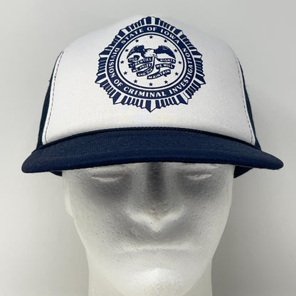 Vintage 80s Iowa Criminal Investigation Trucker Hat Baseball Cap Snapback Blue
