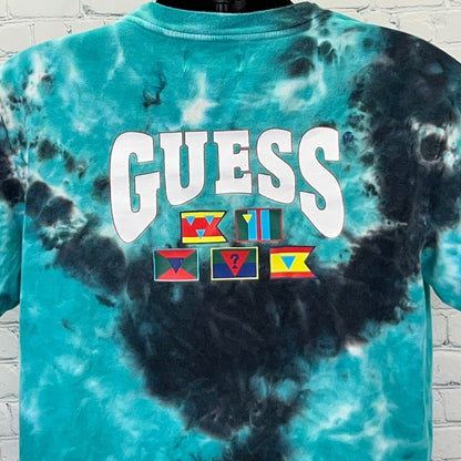 GUESS Originals Tie Dye Graphic T Shirt M Medium Teal Black Nautical Flags Logo