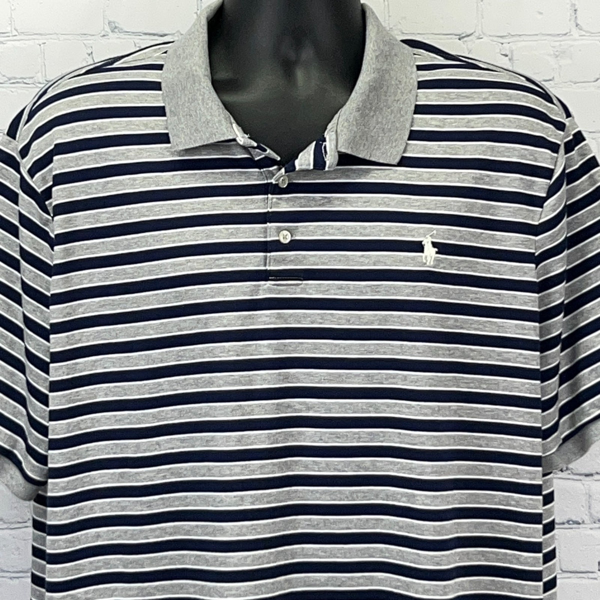 Polo Ralph Lauren Polo Shirt Mens 2XL XXL Gray Navy Stripe Classic Fit Cotton